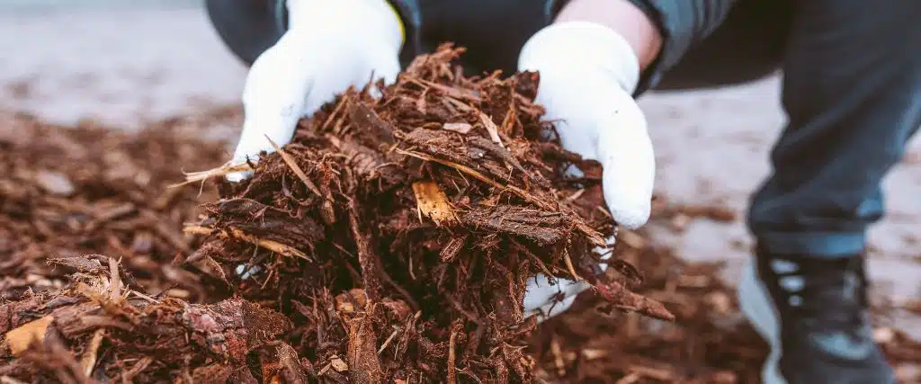 Fall Tree Fertilization Tips for Northern New Jersey Homeowners 3 An arborist works with natural mulch from wood chips.
