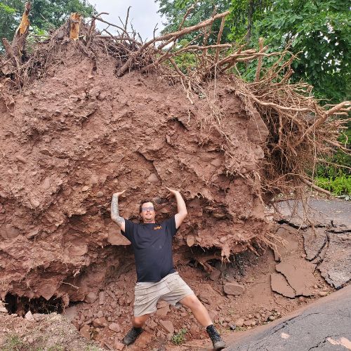 Aspen Tree Service Inc arborist in front of a huge rootball from a fallen tree.