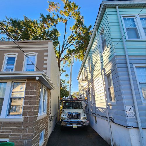 The Aspen Tree Service Inc tree removal crew using a bucket truck and crane to remove a large tree between two closely-spaced houses.