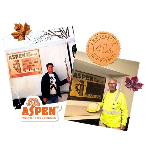 Aspen owner at company start with original logo next to recent photo showing him today with the same logo