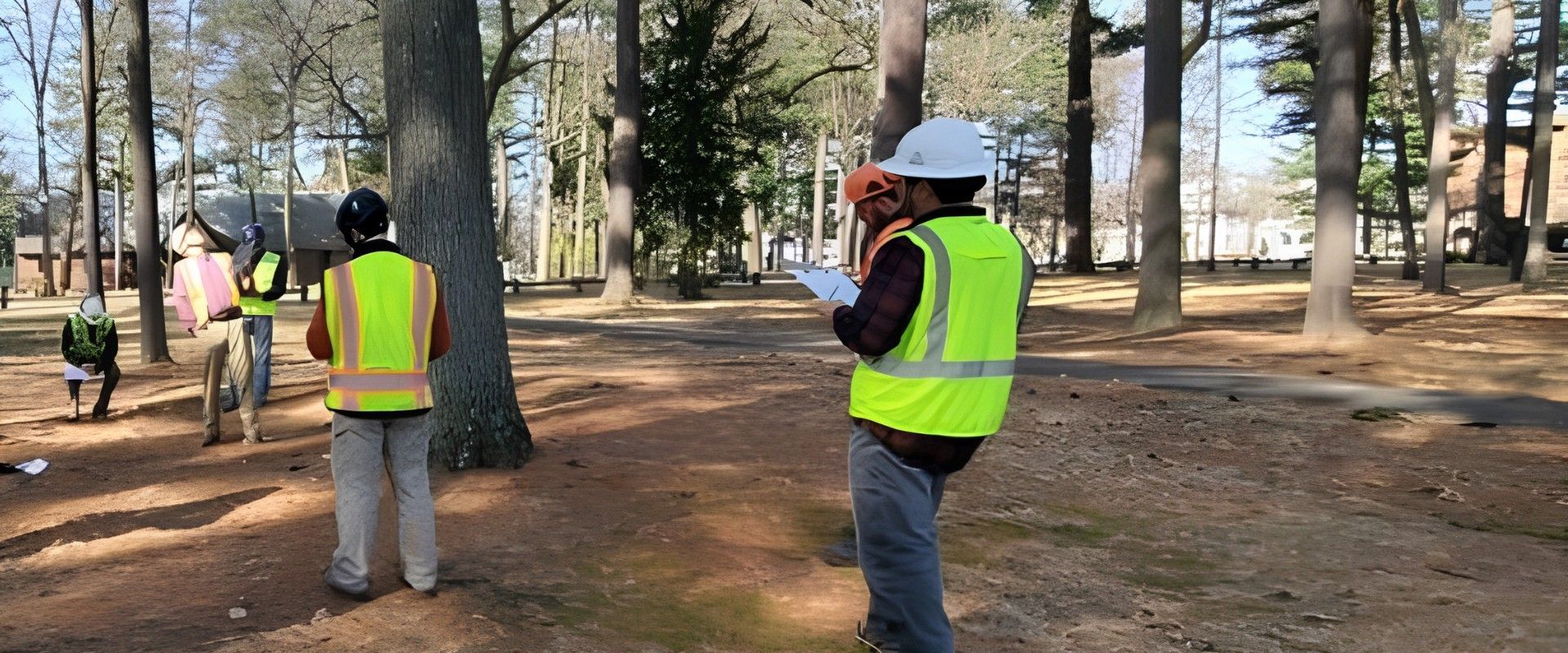 Tree care professionals in high-visibility vests inspecting mature trees in a wooded area.